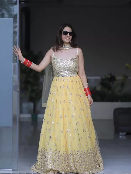 Yellow Color Gown in Georgette Fabric with Sequence Work for Party Wear