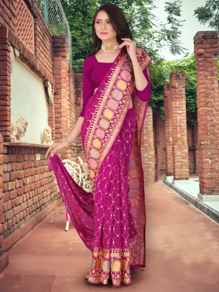 Wine Color Georgette Indian Wedding Saree with Thread and Sequence Work