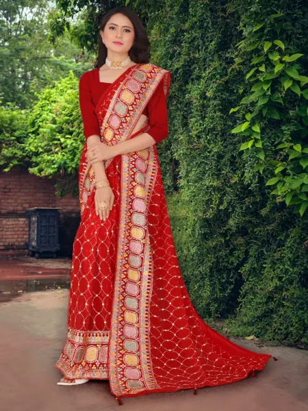 Red Color Georgette Indian Wedding Saree with Thread and Sequence Work