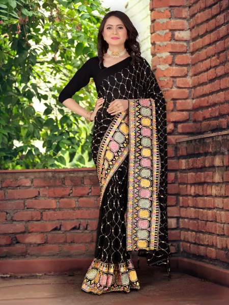 Black Color Georgette Indian Wedding Saree with Thread and Sequence Work