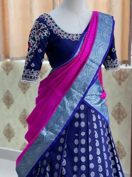 Blue Kanjivaram Silk Half Saree Lehenga Choli With Blouse and Dupatta