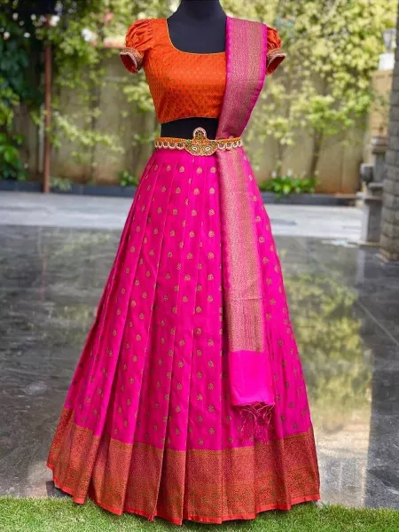 Pink Kanjivaram Silk Half Saree Lehenga Choli With Blouse and Dupatta