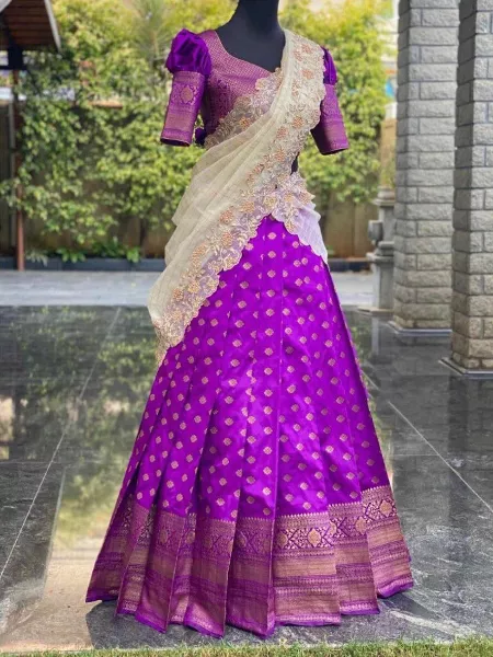 Purple Color Kanjivaram Silk Half Saree Lehenga Choli With Blouse and Dupatta