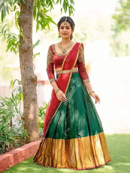 Green Color Kanjivaram Silk Half Saree Lehenga Choli With Blouse and Dupatta