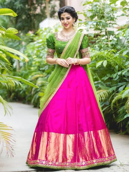 Pink Color Kanjivaram Silk Half Saree Lehenga Choli With Blouse and Dupatta