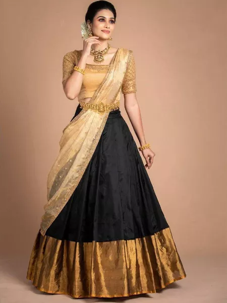Black Color Kanjivaram Silk Half Saree Lehenga Choli With Blouse and Dupatta