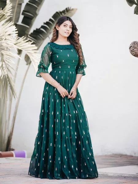 Green Georgette Indian Designer Gown with Embroidery Work Online Shopping
