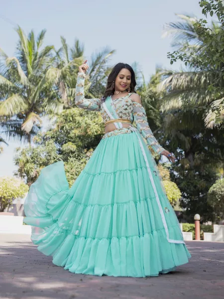 Sky Blue Indian Bridal Lehenga Choli in Georgette with Embroidery Work