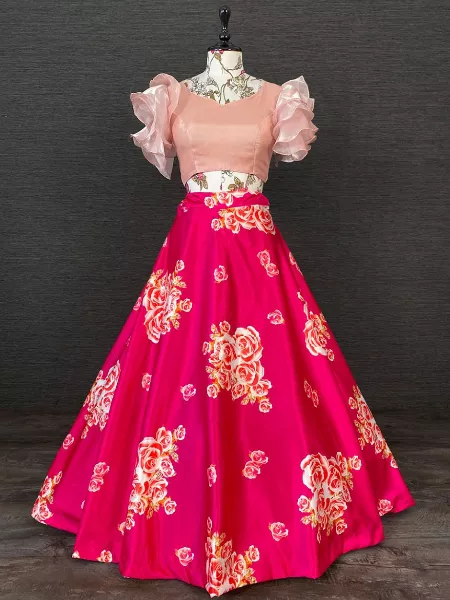 Rani Pink Satin Floral Print Readymade Lehenga Choli Indian Traditional Wear