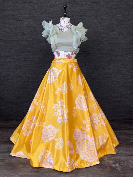 Yellow Satin Floral Print Readymade Lehenga Choli Indian Traditional Wear