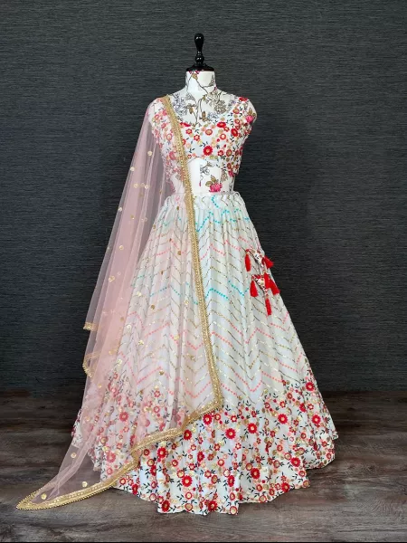 White Indian Wedding Lehengas with Embroidery Sequence Work in Georgette