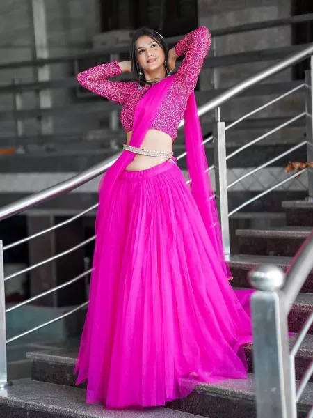 Pink Nylon Net Lehenga Choli with Digital Print Blouse Indian Bridal Lehenga