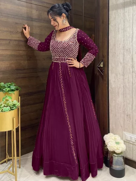 Wine Georgette Gown with Heavy Embroidery Sequins Indian Work Fancy Dupatta
