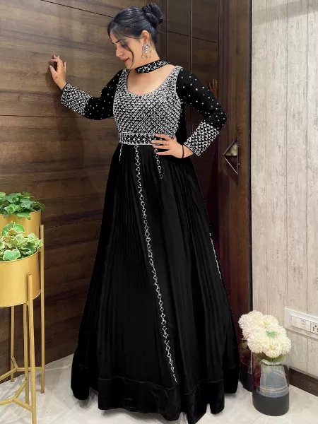 Black Georgette Gown with Heavy Embroidery Sequins Indian Work Fancy Dupatta