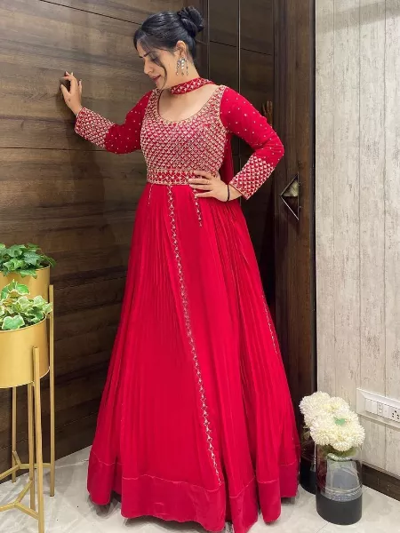 Red Georgette Gown with Heavy Embroidery Sequins Indian Work Fancy Dupatta