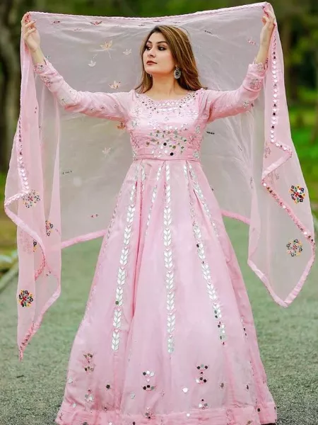 Shibori Printed Cotton Gown in Light pink : TBZ134