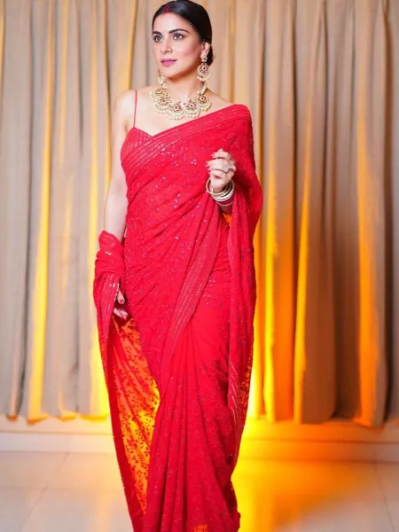 Red Party Wear Georgette Saree With Sequence Embroidery Work and Blouse