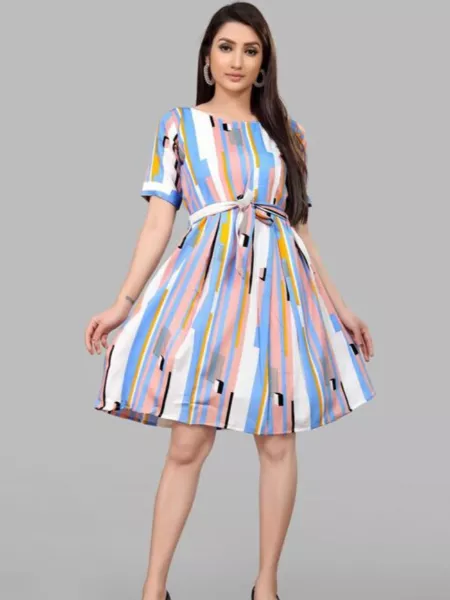 Indian Western Dress with Digital Print in Crape Fabric Stripe Pattern