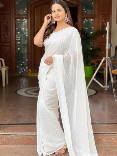 White Pure Chiffon Zari Designer Saree with Readymade Blouse Indian Shops