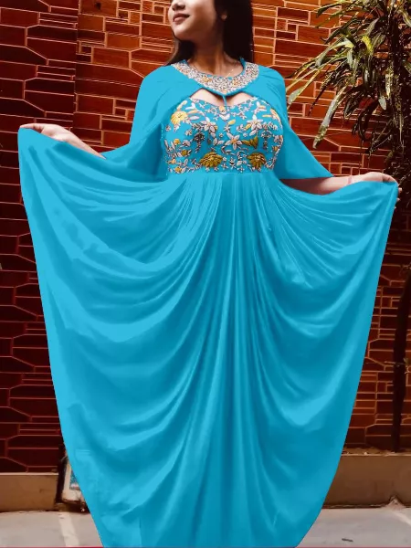 Sky Blue Designer Indian Gown in Georgette With Fancy Koti Embroidery Work