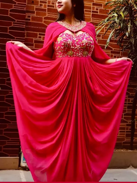 Pink Designer Indian Gown in Georgette With Fancy Koti Embroidery Work