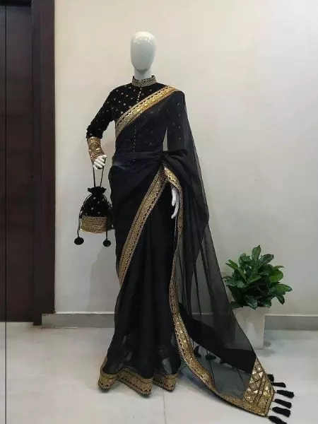 Black Color Soft Net Saree With Sequence Embroidery Work With Velvet Blouse