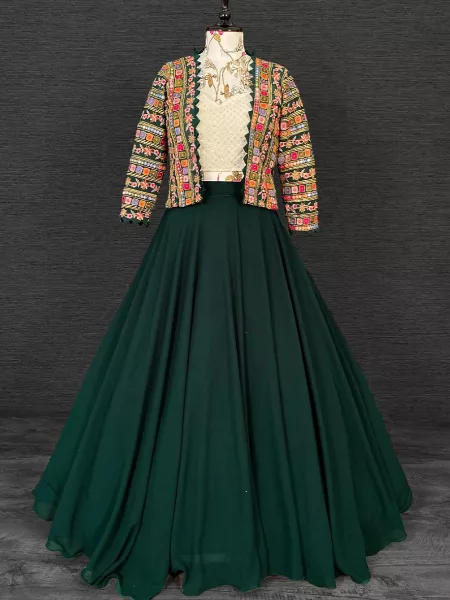 Green Readymade Lehenga Choli in Georgette With Colorful Thread Embroidery