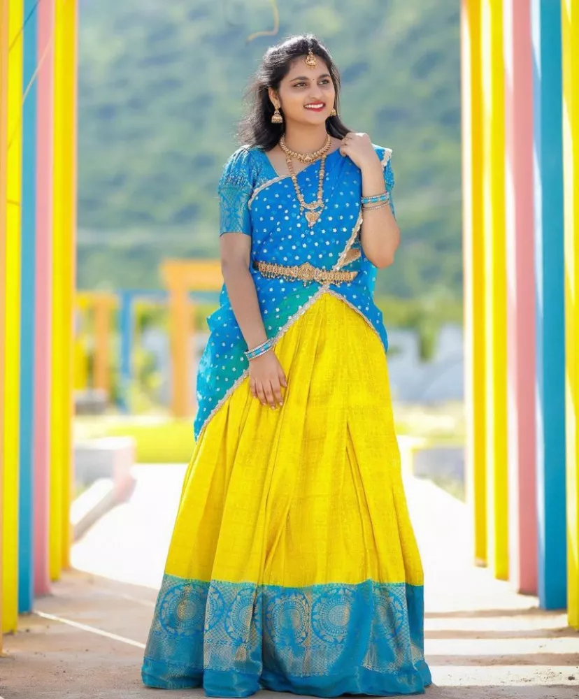 Traditional Wear Zari Silk Half Saree Lehenga South Indian Style With –  Wholesale Outlet