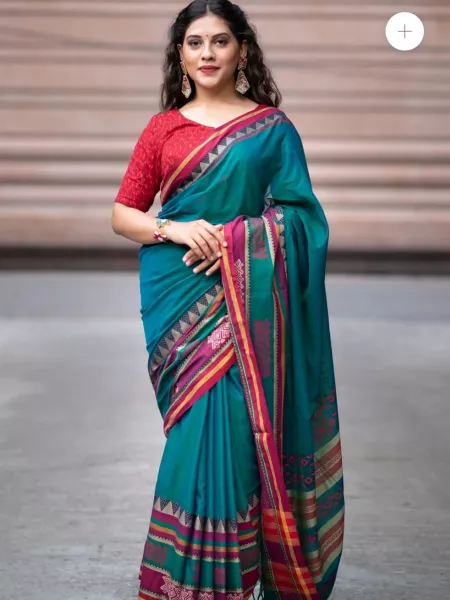 Rama Soft Cotton Handloom Silk Saree with Ajrakh Print Rich Contrast Pallu