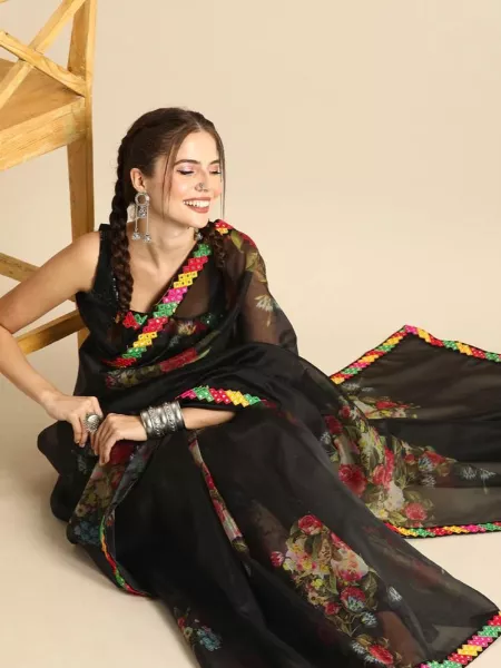 Black Organza Saree With Digital Print and Multi Color Thread and Sequence