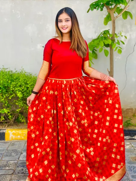 Red Banarasi Gown with Weaving Jacquard Work Pattern