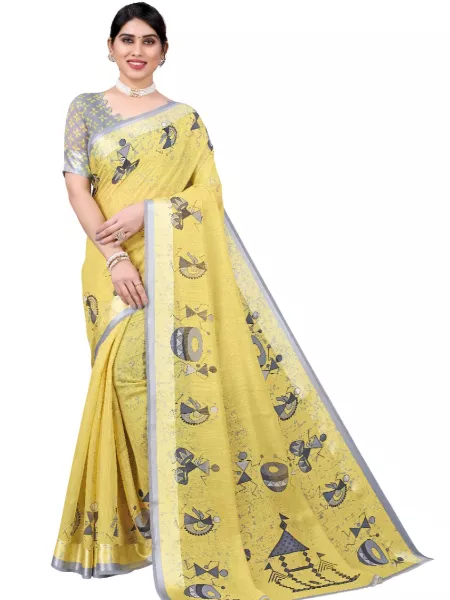 Yellow Color Soft Linen Saree with Digital Print and Designer Un Stitched Blouse