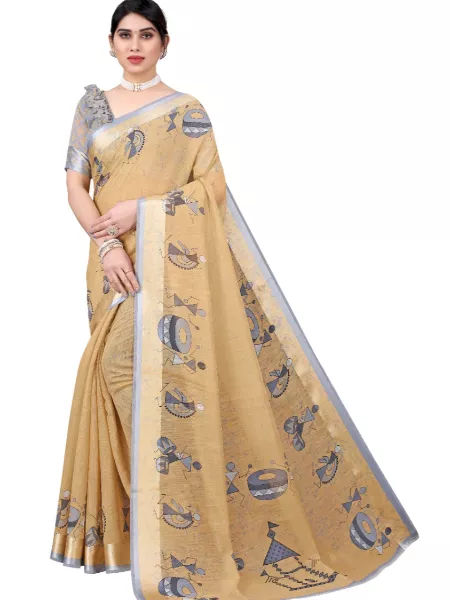 Brown Color Soft Linen Saree with Digital Print and Designer Un Stitched Blouse