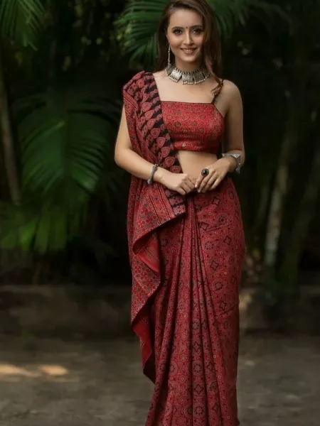Maroon Soft Cotton Handloom Silk Saree with Ajrakh Print Rich Contrast Pallu