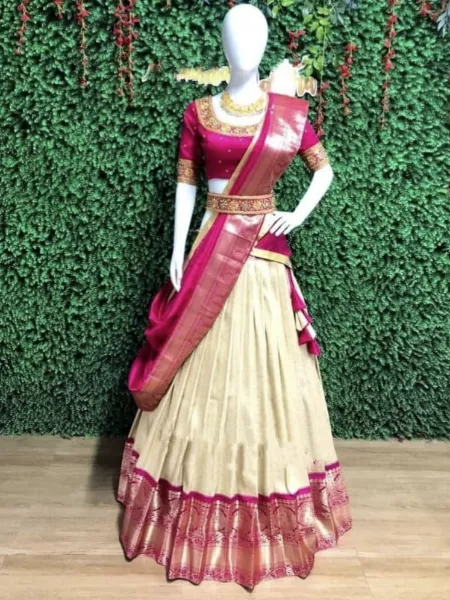 Pink Pure Kanjivaram Silk Half Saree Lehenga With Zari Border and Blouse