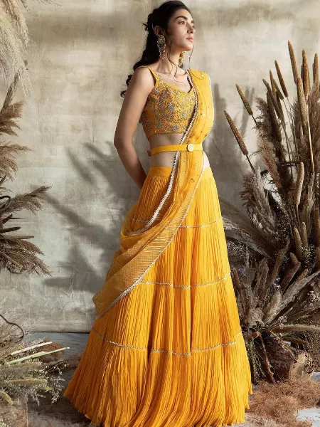 Buy Indian Dresses In USA - Pale Yellow Lucknowi Embroidered Designer  Anarkali Lehenga