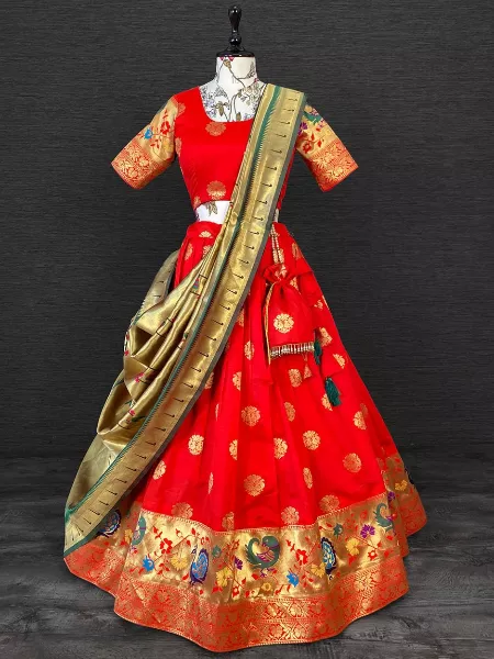 Red Paithani Lehenga Choli Traditional Touch to Look Adorning in Jacquard
