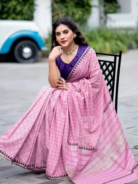 Gorgeous Soft Cotton Handloom Silk Saree with Ajrakh Print Rich Contrast Pallu