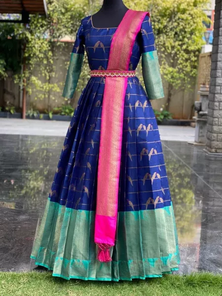 Blue Banarasi Gown With Zari Weaving Work and Pink Dupatta With Waist Belt