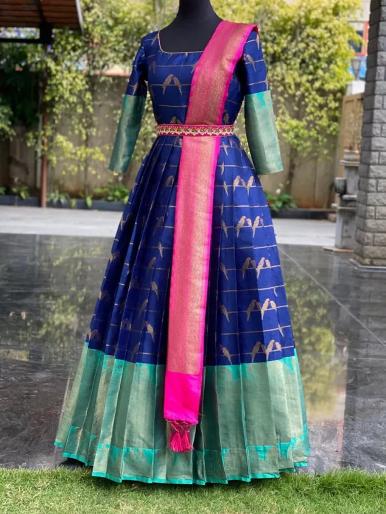 Blue Banarasi Gown With Zari Weaving Work and Pink Dupatta With Waist Belt in USA UK Malaysia South Africa Dubai Singapore