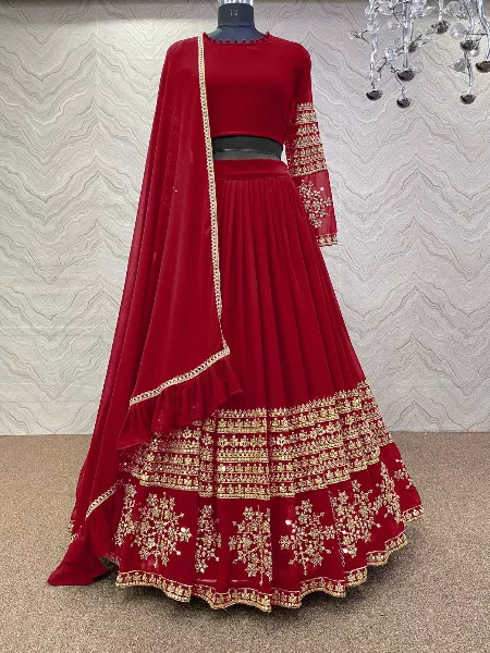 Red Georgette Lehenga Choli with Embroidery Work and Sequence with Dupatta
