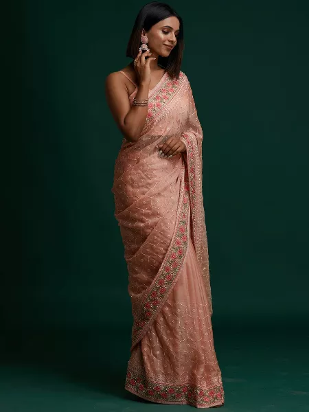Heavy Indian Bridal Saree in Peach Georgette With Cross Threads Work Diamonds