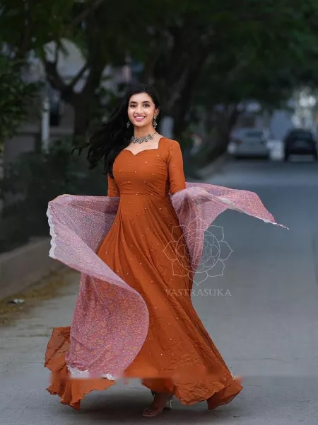 Orange Color Party Wear Gown With Digital Print Dupatta Indian Designer Clothes