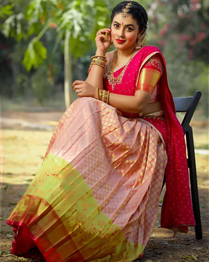 Beautiful Designer Half Saree Blouse | Saree photoshoot, Saree poses, Half  saree function