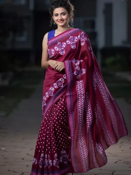 Wine Soft Cotton Handloom Silk Saree With Ajrakh Print Rich Contrast Pallu
