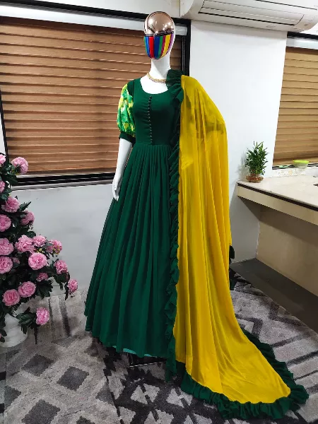 Green Color Heavy Georgette Gown with Digital Print Sleeves and Dupatta