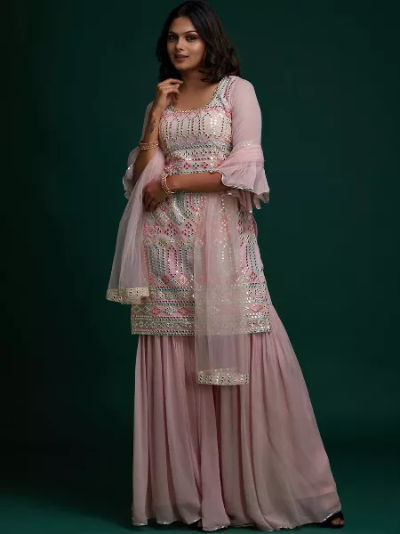 Pink Color Sharara Style Top Palazzo Suit in Georgette With Mirror Embroidery