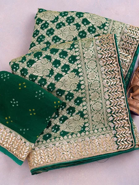 Green Indian Patola Saree in Vichitra Silk With Gota Patti Lace Border
