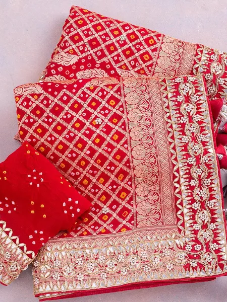 Red Indian Patola Saree in Vichitra Silk With Gota Patti Lace Border