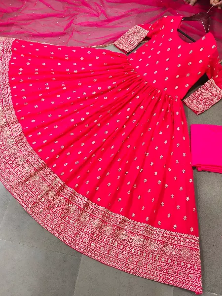 Pink Color Heavy Georgette Gown With Embroidery Work Sleeves and Dupatta